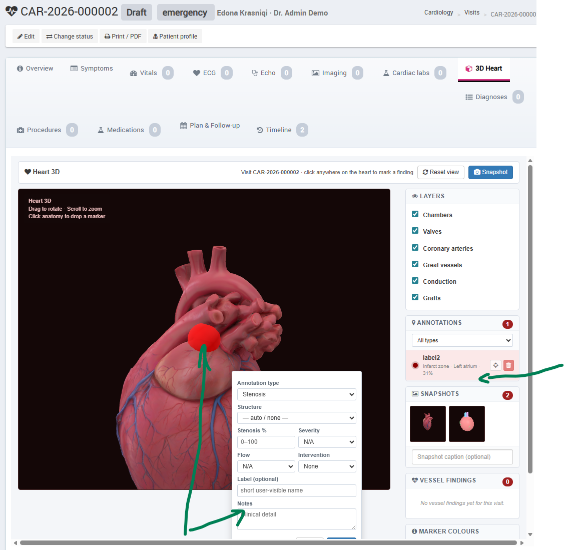 New imaging study form — ECHO, DICOM identifiers, clinical detail
