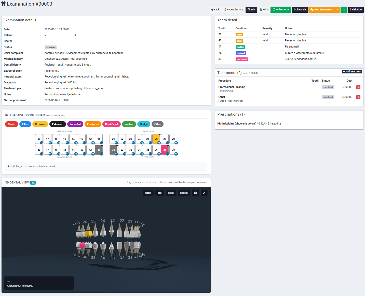 Hospital Information System — examination view with interactive odontogram